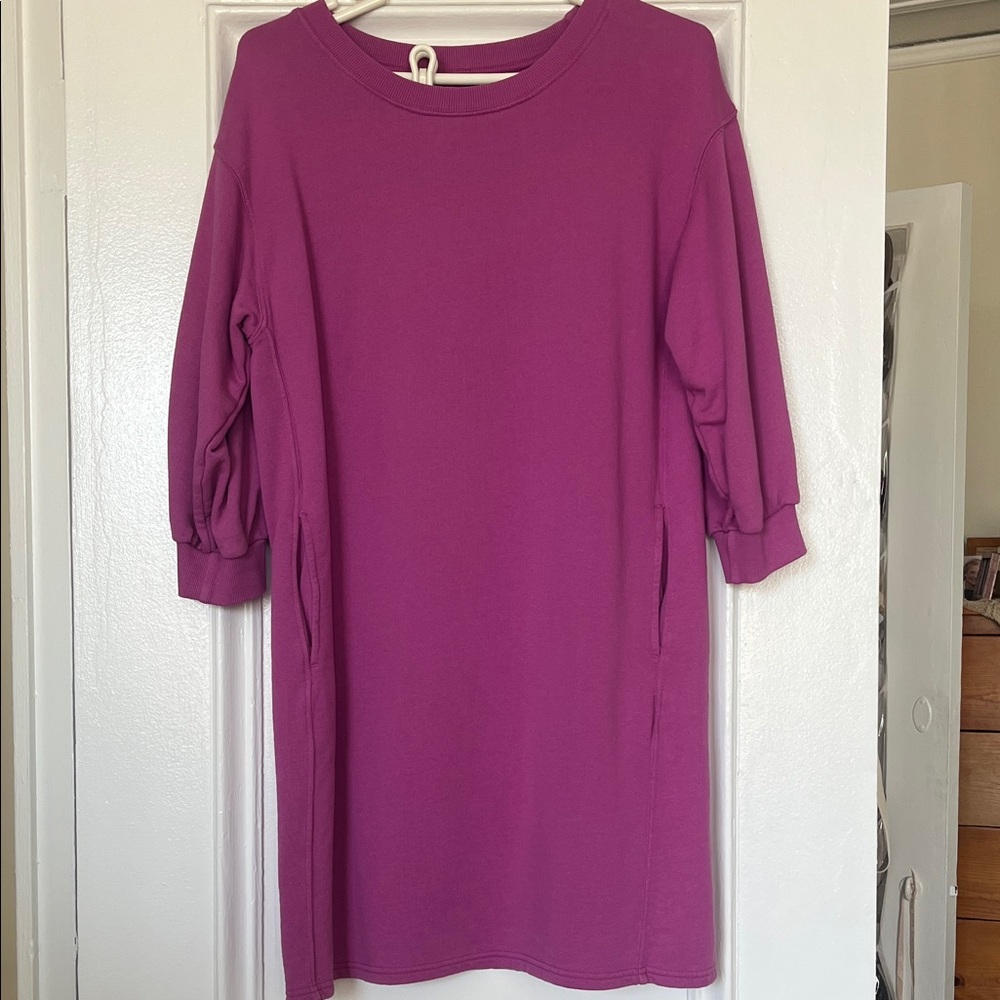 Pact Women's 3/4 Sleeve Dress in a bright pink. Dress has pockets